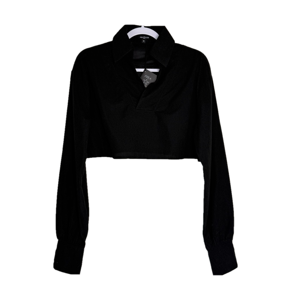 AREA STARS Women’s Black Collared Long Sleeve Waffle Crop Top NWT